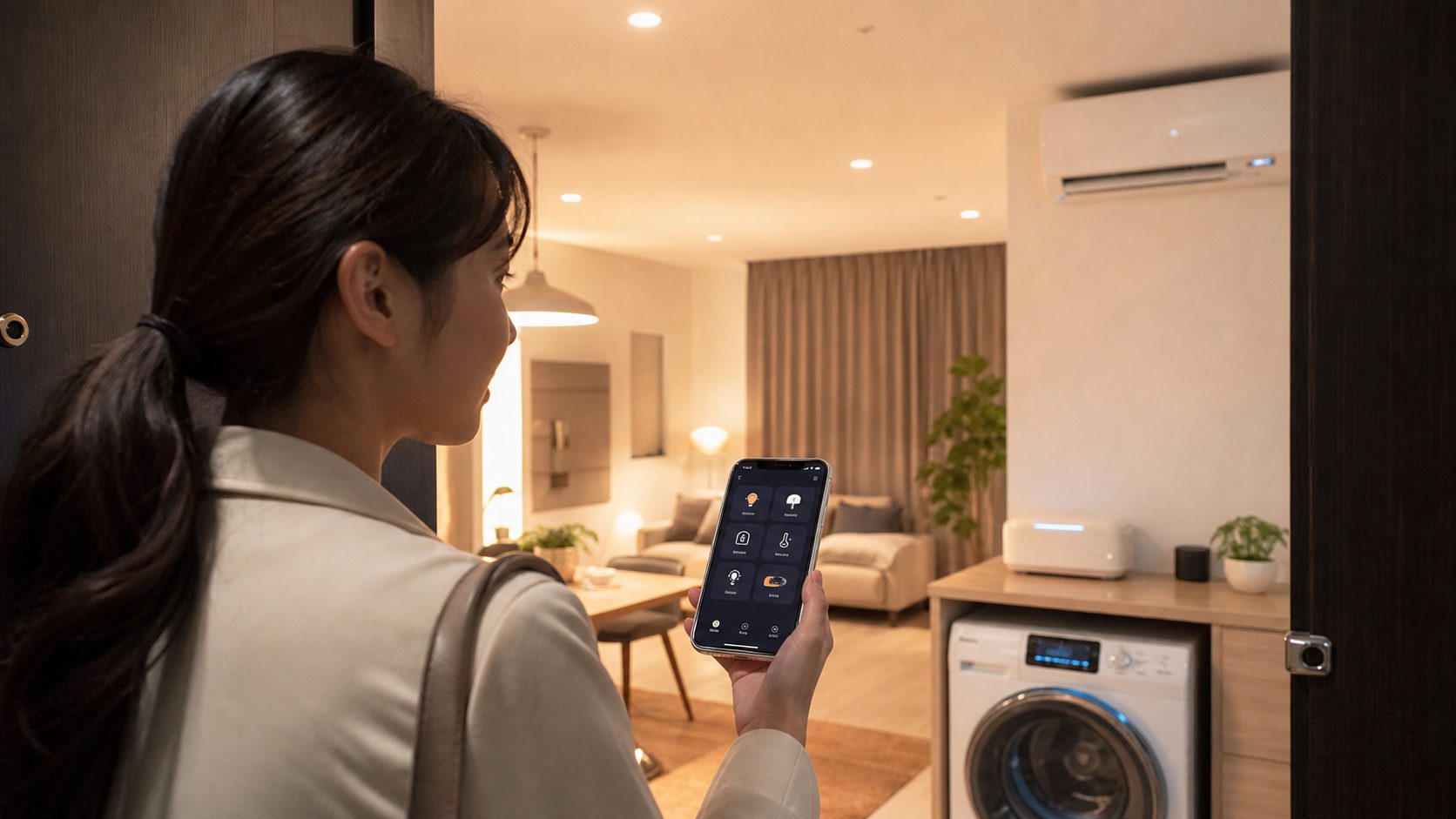 外出先から家電を操作する遠隔操作セットの利用シーン