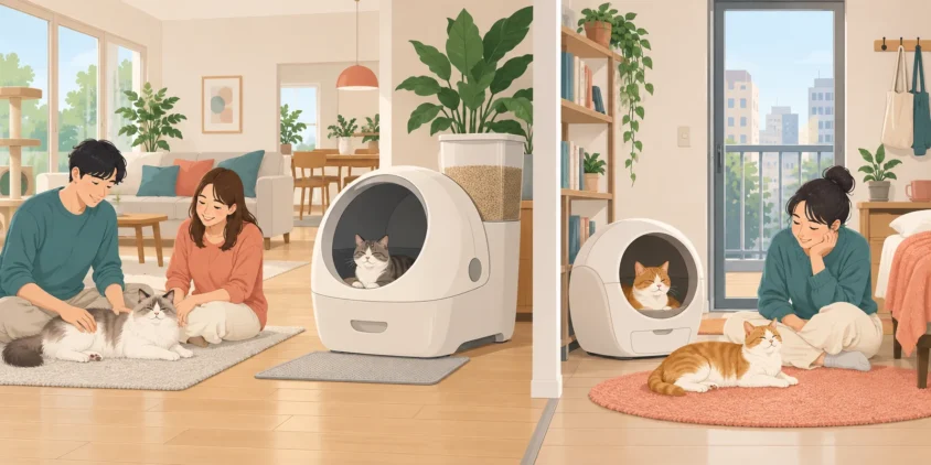 広い部屋とコンパクトな部屋で自動猫トイレを選ぶイメージ