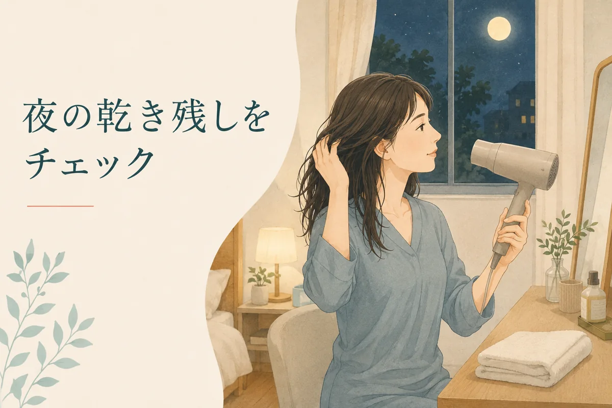夜のヘアドライで乾き残しを確認するイメージ