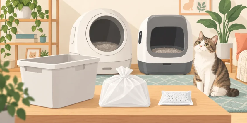 全自動猫トイレのゴミ袋と消臭材を交換するイメージ