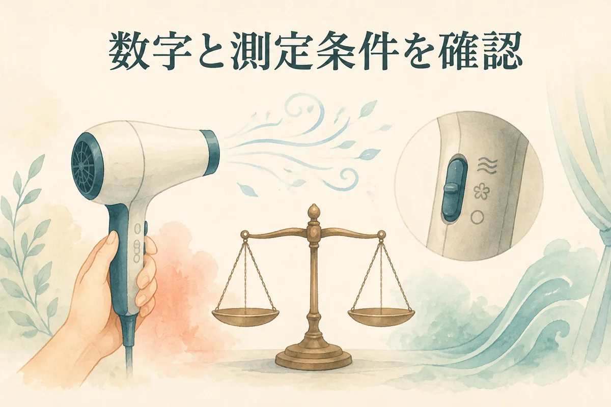 ドライヤーの仕様と測定条件を確認するイメージ