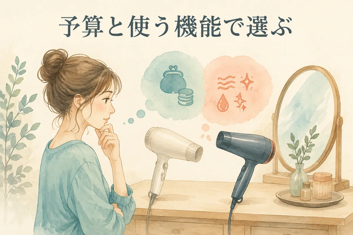 予算と使う機能からドライヤーを選ぶイメージ