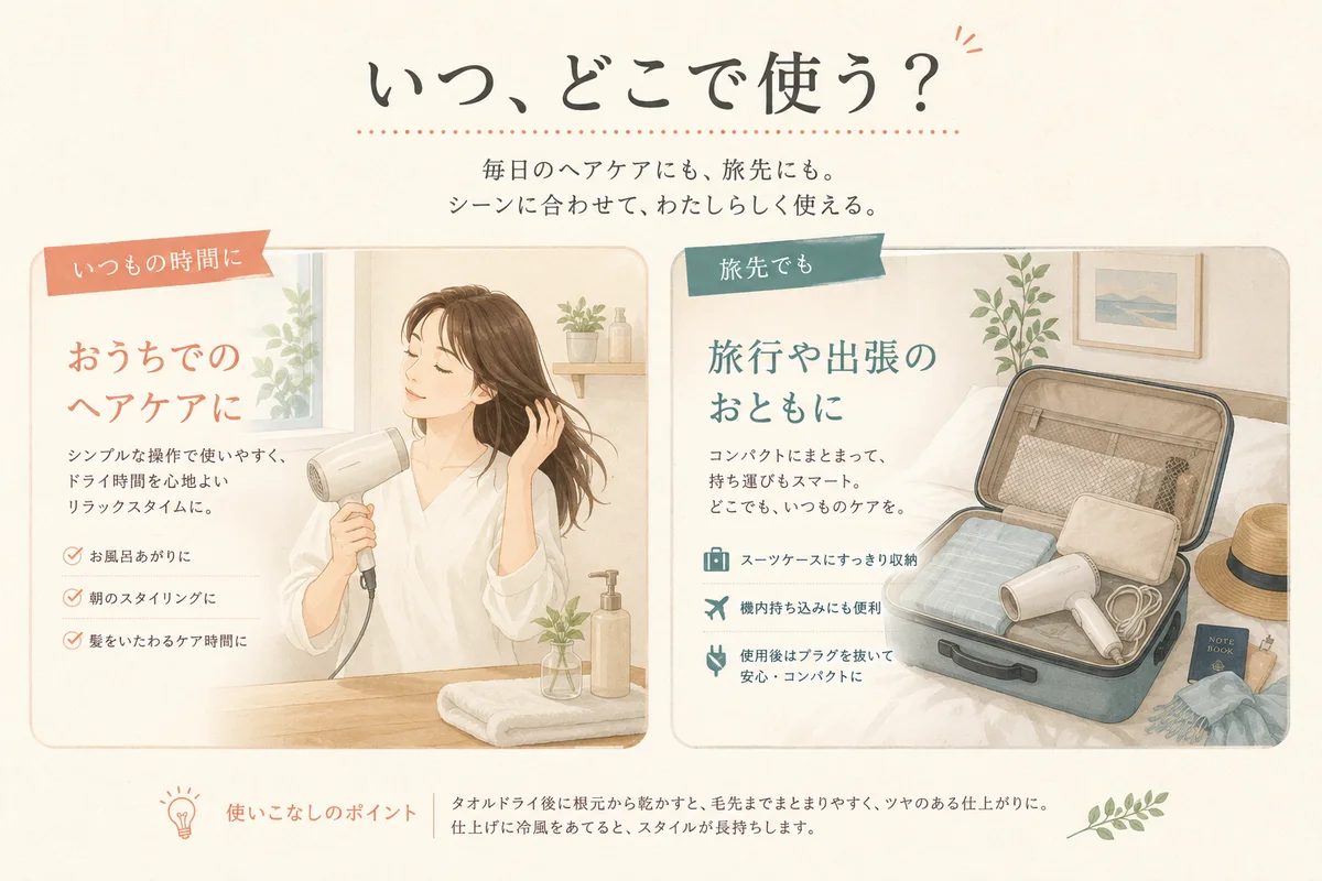 自宅利用と持ち運びを比較するイメージ