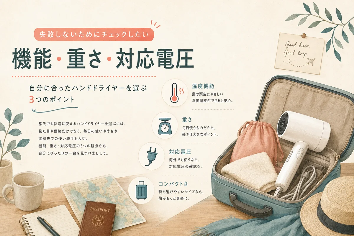 ドライヤーの機能・重さ・電圧を確認するイメージ