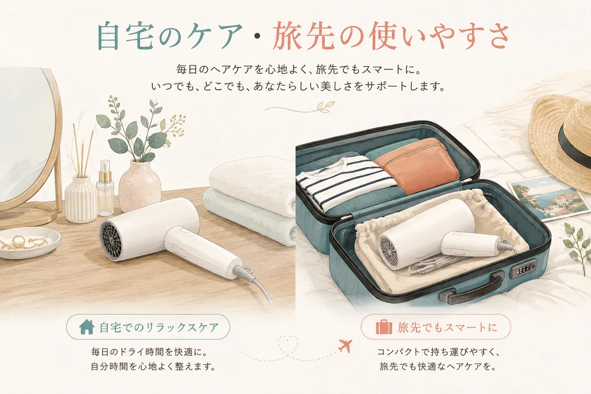 自宅と旅先で使うドライヤーのイメージ