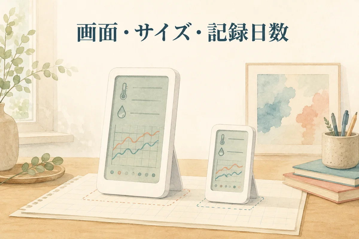 温湿度計の画面と設置面積を比較するイメージ