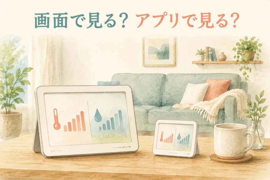 画面とアプリの使い方から温湿度計を選ぶイメージ